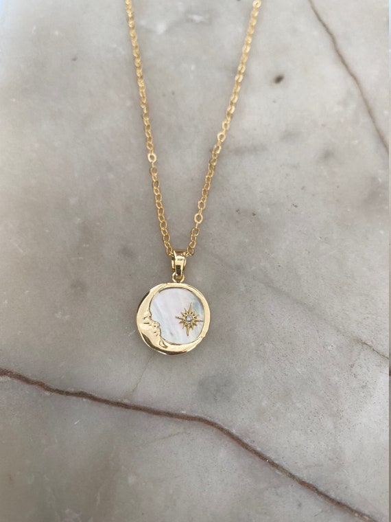 Gold Mother of Pearl Moon & Crystal Star Necklace - Etsy