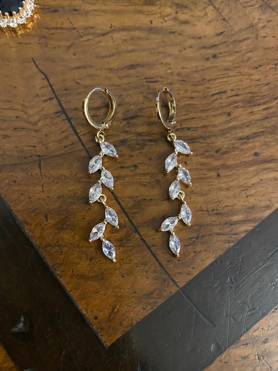 Crystal Leaf Jewel Drop Huggie Hoop Earrings
