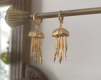 Gold or Silver Jellyfish Earrings | Large Ocean Dangle | Hoop or Hook Option | Statement Marine Gift