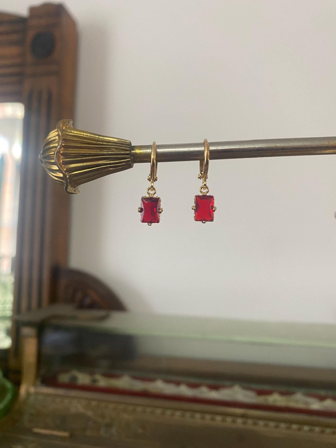 Ruby Red Rectangle Jewel Huggie Hoop Earrings - Etsy