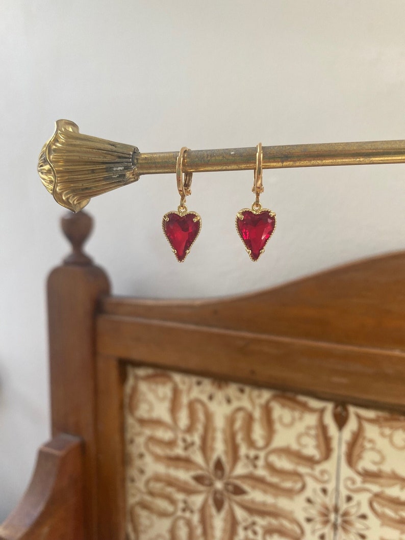 Gold Ruby Red Heart Earrings Crystal Huggie Hoops Romantic Drop Jewellery image 1