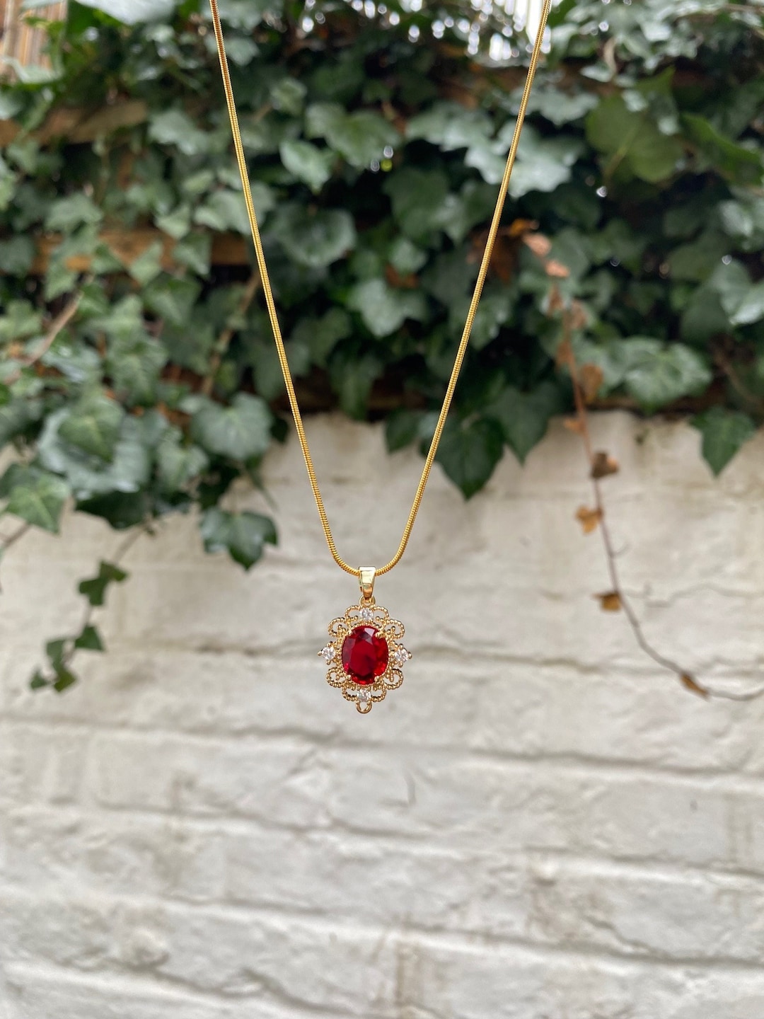 Vintage Style Ruby Red Jewel Necklace Etsy