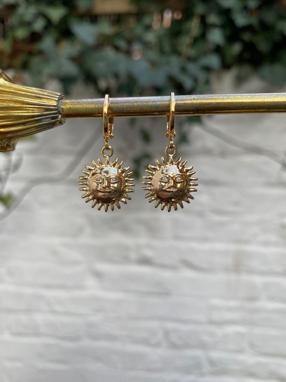 Gold Sun Face Huggie Hoop Earrings