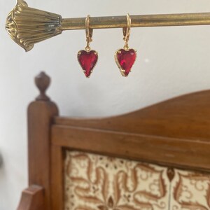 Gold Ruby Red Heart Earrings Crystal Huggie Hoops Romantic Drop Jewellery image 3