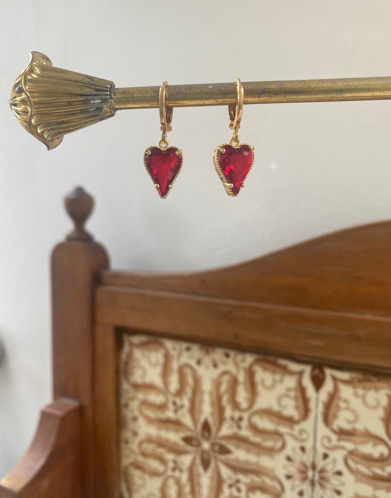 Gold Ruby Red Heart Earrings Crystal Huggie Hoops Romantic Drop Jewellery image 3