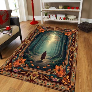 Alfombra boho, alfombra boho para sala de estar, alfombra étnica, alfombra con estampado de bosque, alfombra lavable, alfombra antideslizante, alfombra de regalo para el hogar, alfombra decorativa, alfombra moderna