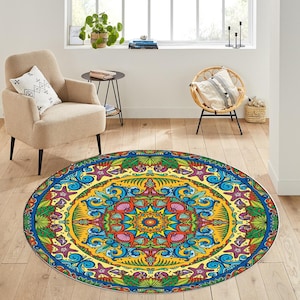 Colorful Rug, Modern Rug, Patterned Rug, Washable Rug, Non-Slip Base Rug, Round Rug,Living Room Rug,Themed Round Rug,Ethnic Rug