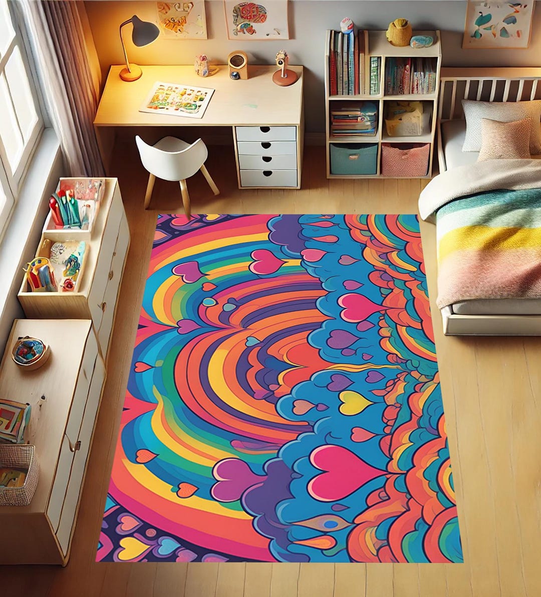 Rainbow Heart Patterned Rug,children's Room Rug,children's Room Carpet ...