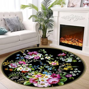 Tappeto rotondo, tappeto rotondo con fiori colorati, tappeto a fiori, tappeto lavabile, tappeto antiscivolo, tappeto con fiori arcobaleno, tappeto per soggiorno, tappeto fresco, tappeto con fiori colorati