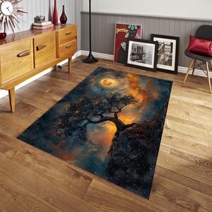 Moon Patterned Rug, Moonrise,Tree Design Rug,Sunset Rug,Washable Rug,Non-Slip Rug,Home Gift Rug,Living Room Rug,Decorative Carpet,Cloudy Rug