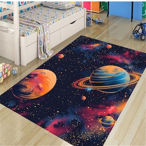 Planets Themed Rug,Astronaut Patterned Rug,Planet Children&#39;s Room Carpet,Non-Slip Rug,Washable Rug, Children Rug, Gift Rug,Kıds Room Rug