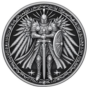 May include: A silver coin with a black background featuring a winged knight holding a sword and shield. The knight is surrounded by a circle of text.