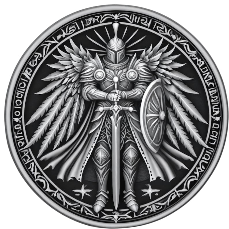May include: A silver coin with a black background featuring a winged knight holding a sword and shield. The knight is surrounded by a circle of text.