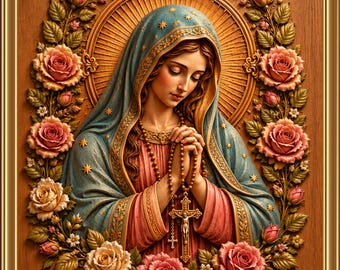 Our Lady Virgin Mary High Relief STL File | Flowers, Faith Art (3D Print, SVG)