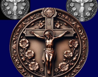 Crucifix Jesus Coin 3D Engraving Files: Laser Cut Depth Maps (PNG, SVG, PDF)
