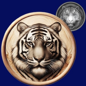 May include: A close-up of a white tiger's face, rendered in a realistic style on a wooden plaque. The tiger's fur is detailed with black stripes and whiskers.