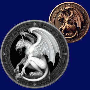 May include: Two circular medallions with gargoyle designs. One is white with a black border, the other bronze. The gargoyles have wings, claws, and a fierce expression, set against a dark blue background.