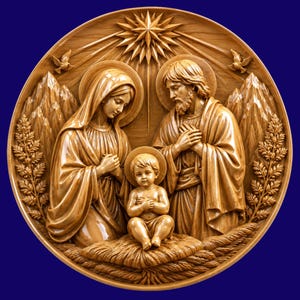 May include: A circular wooden relief carving depicting a nativity scene with a central infant, a woman, and a man. The figures are surrounded by stylized mountains, wheat stalks, and two birds, all positioned beneath a large, radiant star.
