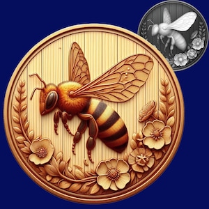 Op de afbeelding: Een gedetailleerde houten gravure van een bij met uitgespreide vleugels, tegen een achtergrond van verticale houten planken. De bij is bruin, oranje en zwart, omringd door gebeeldhouwde bloemen en bladeren. Een kleinere, grijswaardenversie van de bij staat rechtsboven.