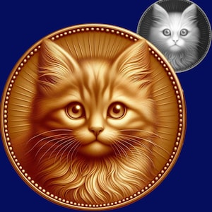 Puede incluir: Una moneda de oro con una imagen detallada de la cara de un gato. El gato tiene el pelo marrón y grandes ojos verdes.