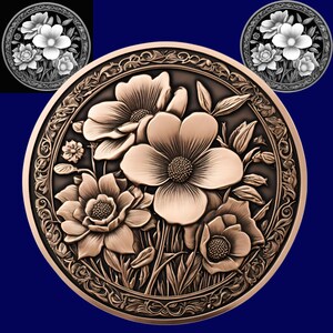 May include: A bronze-colored, circular relief sculpture featuring a detailed floral design. The central image showcases several large, open flowers with textured petals, surrounded by smaller blooms and foliage. The outer edge has an ornate, repeating pattern.