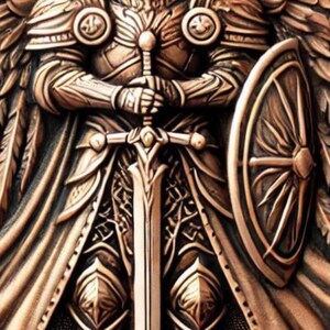 May include: A detailed bronze sculpture of a warrior holding a sword and shield. The warrior is wearing armor and a flowing cape. The sculpture is highly detailed and intricate.