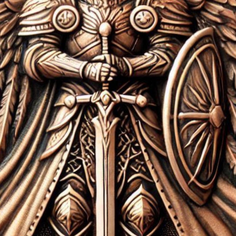 May include: A detailed bronze sculpture of a warrior holding a sword and shield. The warrior is wearing armor and a flowing cape. The sculpture is highly detailed and intricate.
