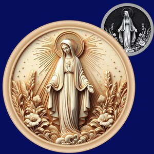 Mapa de profundidade da moeda de Nossa Senhora das Graças | Arquivo a laser | Gravação a laser 3D | Ferramenta X | Queima de luz | Ilusão 3D | PNG | Forja brilhante | CNC | Virgem Maria