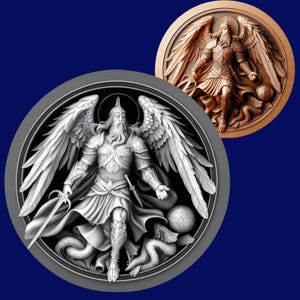 May include: A white 3D sculpture of an angel with wings, a sword, and a globe. The angel is standing on a snake. The sculpture is in a circular frame.