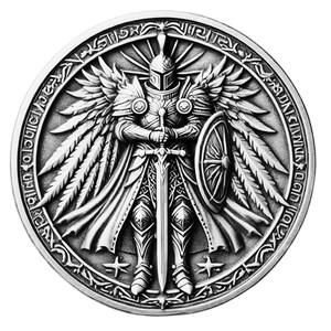 May include: A silver coin with a detailed design of a winged knight holding a sword and shield. The knight is wearing armor and a helmet. The coin has a circular border with an inscription around the edge.