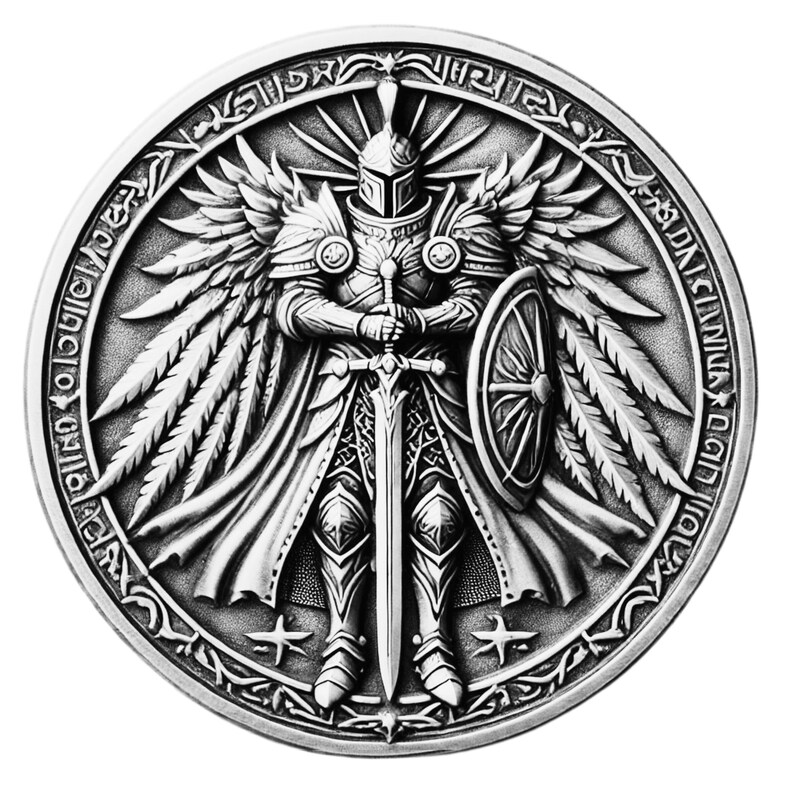 May include: A silver coin with a detailed design of a winged knight holding a sword and shield. The knight is wearing armor and a helmet. The coin has a circular border with an inscription around the edge.