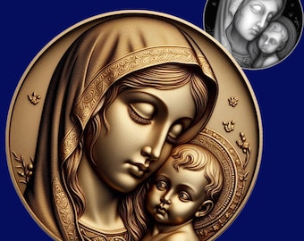 Jesus 3D Laser File | depth map | PNG | Depth engraving | brass coin | high quality images | light burn | Grayscale | CNC | Virgin Mary