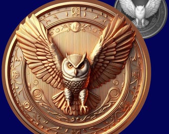 3D Owl Laser Engraving File | Depth Map, Brass Coin (PNG SVG PDF)
