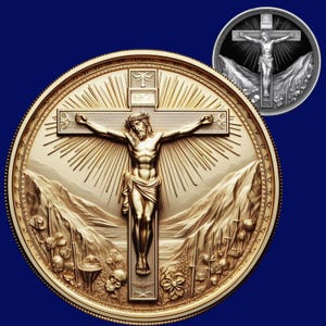 May include: A gold-colored coin with a raised image of Jesus Christ on a cross. The image is surrounded by a halo of light and a mountainous landscape. The coin has a detailed design and a textured surface.