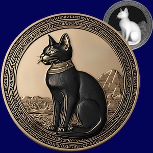 Puede incluir: Una moneda dorada con un gato negro con un collar dorado, sobre un paisaje desértico con una pirámide. La moneda tiene un anillo exterior con inscripciones jeroglíficas y una imagen más pequeña de un gato blanco.