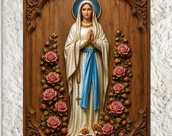 Virgin Mary STL File | Depth, Height relief | embossing | Laser engraving | 3D print | Flowers