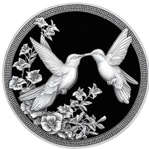 May include: A silver coin with a black background featuring two hummingbirds in flight, kissing, with a floral design around them.