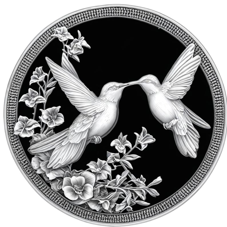 May include: A silver coin with a black background featuring two hummingbirds in flight, kissing, with a floral design around them.