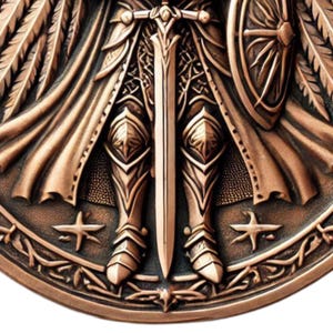May include: Close-up of a bronze-colored metal sculpture of a figure holding a sword and shield. The figure is wearing armor and has wings. The sculpture is detailed and intricate.