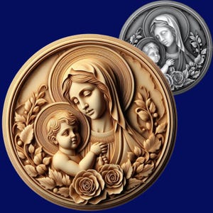 Virgem Maria | Arquivo 3D Laser de Jesus | mapa de profundidade | arquivo PNG | Gravação de profundidade | moeda de latão | imagens de alta qualidade | lightburn | Tons de cinza | CNC