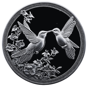 May include: A silver coin with a black background featuring two hummingbirds in a kissing pose with flowers surrounding them.