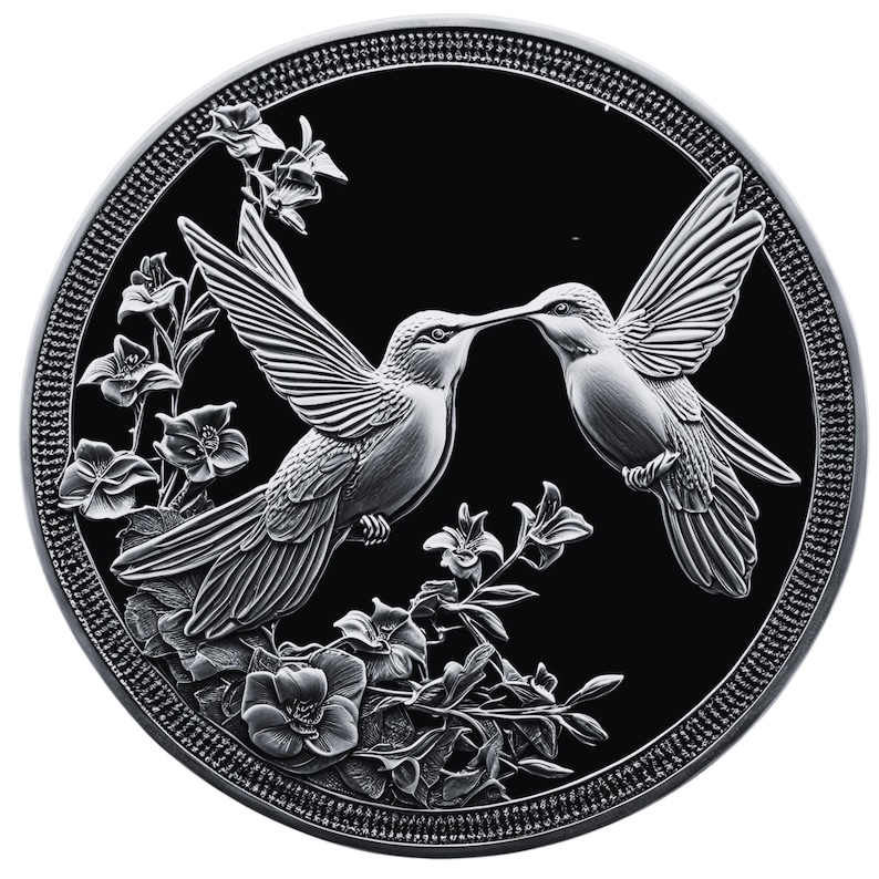 May include: A silver coin with a black background featuring two hummingbirds in a kissing pose with flowers surrounding them.