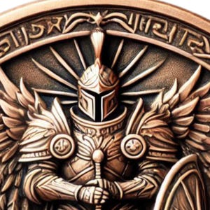 May include: A bronze-colored metal coin with a detailed image of a winged warrior in armor holding a sword. The warrior is wearing a helmet with a crest and has a shield on their back. The coin has a circular design with a border of intricate patterns.