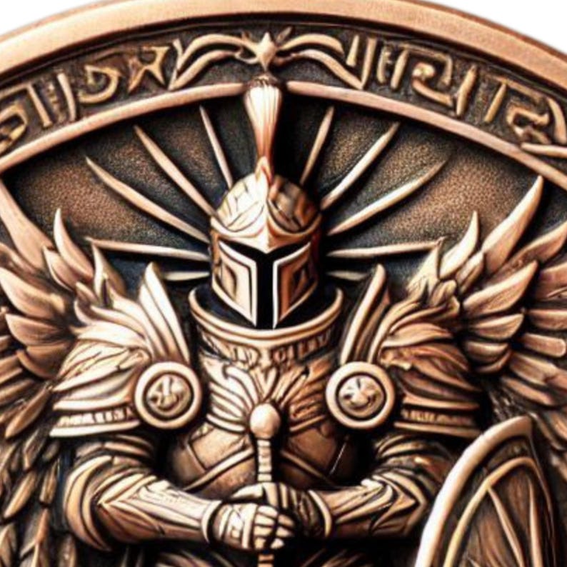 May include: A bronze-colored metal coin with a detailed image of a winged warrior in armor holding a sword. The warrior is wearing a helmet with a crest and has a shield on their back. The coin has a circular design with a border of intricate patterns.