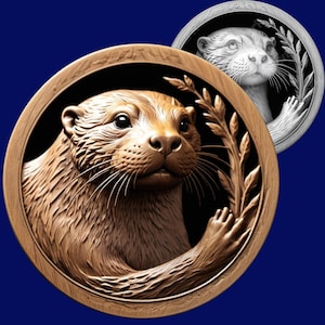 May include: A detailed wooden carving of an otter with a branch of leaves behind it. The otter is carved in a realistic style and has a brown and white color scheme.