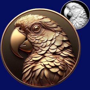 Münze Tiefe Karte | Höhe Karte | 3D Lasergravur | X Werkzeug | Leichter Abbrand | PNG | Digital | Glühschmiede | CNC | Laserdatei | Papagei | Vogel