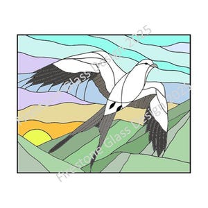 May include: A stained glass design featuring a bird in flight against a colorful landscape. The bird is white with black wingtips, soaring over green hills and a setting sun. The background includes shades of blue, purple, and orange.