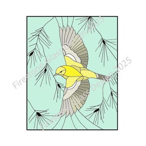May include: Stained glass design featuring a yellow bird in flight with gray wings and a light blue background. The bird is surrounded by black pine needles. The text "Firestone Glass Design 025" is visible.