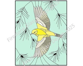 Pine Warbler Bird in Flight Stained Glass Pattern