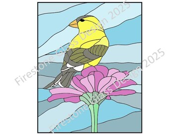 Goldfinch Bird on Flower Stained Glass Pattern